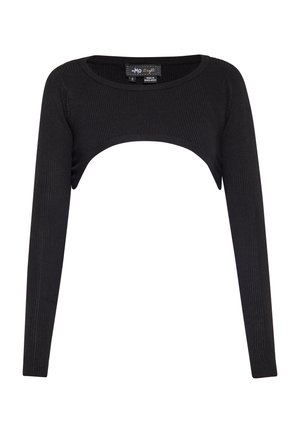 Crni rebrasti dugouhi crop top s okruglim izrezom i prepoznatljivim izrezom na prsima. Mekan materijal, prilagođen silueti.