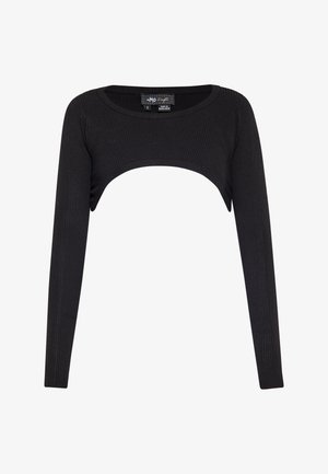 Crni rebrasti dugouhi crop top s okruglim izrezom i prepoznatljivim izrezom na prsima. Mekan materijal, prilagođen silueti.