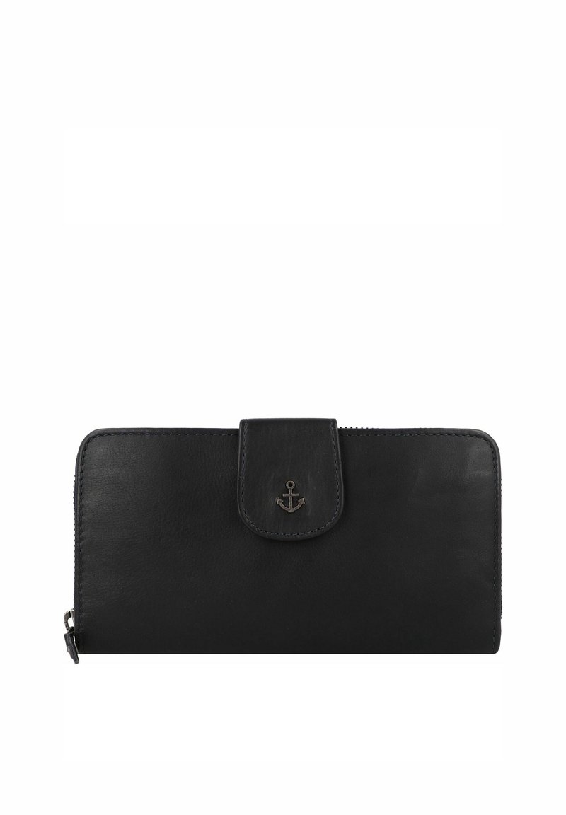 Portafoglio in pelle nera con una superficie liscia, forma rettangolare, chiusura a zip e un accento metallico a forma di ancora sulla patta anteriore.