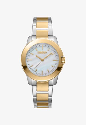Orologio DKNY in argento e oro con cassa rotonda, quadrante in madreperla e indici delle ore dorati. Il bracciale presenta un'alternanza di maglie in argento e oro.