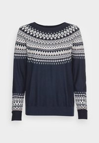 Maglione blu navy a maniche lunghe con un colletto a motivo geometrico in bianco e azzurro chiaro. Polsini e orlo a costine aggiungono texture.