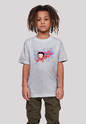 Graues T-Shirt mit kurzen Ärmeln, das ein lebhaftes cartoonhaftes Grafikmotiv eines Charakters zeigt, umgeben von Sternen und den Buchstaben "BB" in leuchtenden Farben.
