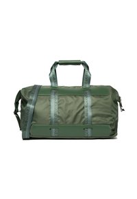 Zielona torba podróżna o gładkiej fakturze, wyposażona w dwa solidne uchwyty, regulowany pasek na ramię oraz paski ozdobione logo.