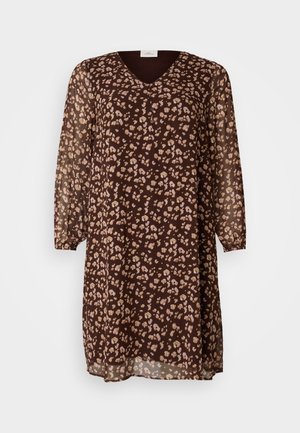 Καφέ, διαφαν dresses με V-λαιμόκοψη, με floral σχέδιο σε ανοιχτό ροζ και κρέμα. Μακριά, φουσκωτά μανίκια και άνετη εφαρμογή.