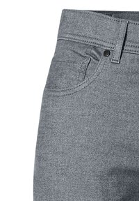 Gray denim jeans with a smooth texture, featuring a front pocket and metal button, showcasing a classic five-pocket design.