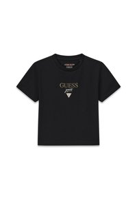 Czarny bawełniany t-shirt z krótkim rękawem, z logo "GUESS Jeans" w kolorze złotym i trójkątnym akcentem. Prosty krój z okrągłym dekoltem.