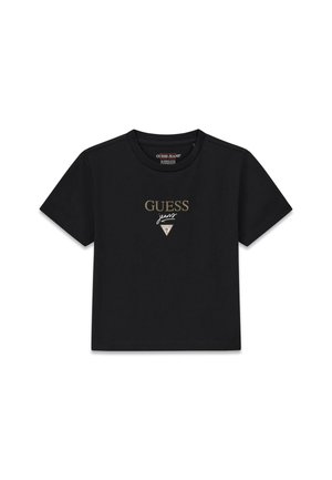 Schwarzes kurzärmeliges T-Shirt aus Baumwolle mit einem goldenen "GUESS Jeans"-Logo und einem dreieckigen Akzent. Schlichtes Design mit Rundhalsausschnitt.