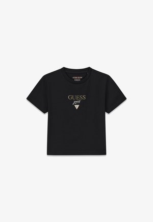 Fekete rövid ujjú pamut póló arany "GUESS Jeans" logóval és háromszög alakú díszítéssel. Egyszerű kialakítású, kerek nyakkivágással.