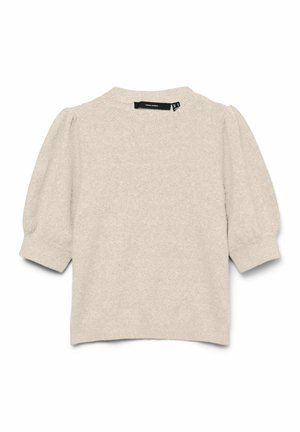 Suéter corto de manga corta beige, tejido, con mangas abullonadas y puños acanalados, que presenta un escote redondo.