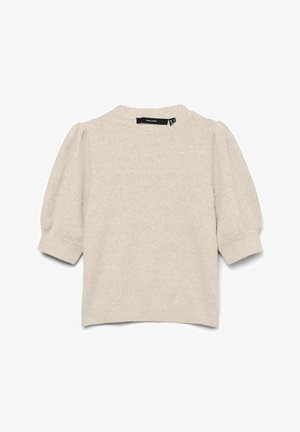 Pull beige en maille à manches courtes bouffantes avec poignets côtelés, doté d'un col rond.