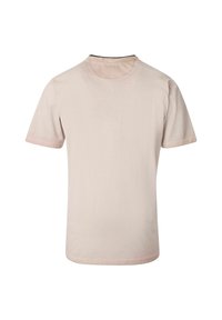 Kurzärmliges, hellbeiges T-Shirt. Weicher Stoff mit rundem Ausschnitt, dezenten Nähdetails und einer leicht lockeren Passform. Schlichte Rückengestaltung.