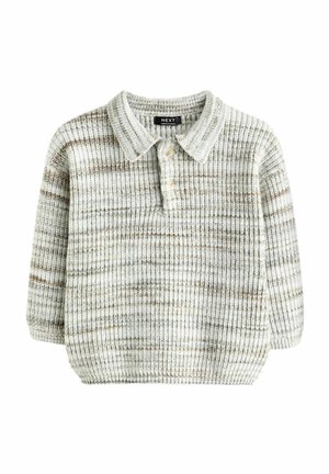 Pull en maille avec un col, trois boutons et un tissu texturé à rayures verticales dans des couleurs beige et crème.