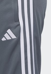 Graue Sporthosen mit einem weißen Drei-Streifen-Design, gummiertem Logo und strukturiertem Stoff. Eine Seitentasche ist sichtbar.