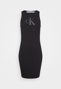 Czarna sukienka bez rękawów wykonana z elastycznego materiału, z wyraźnym srebrnym logo "ck" na piersi. Dopasowany krój z okrągłym dekoltem.