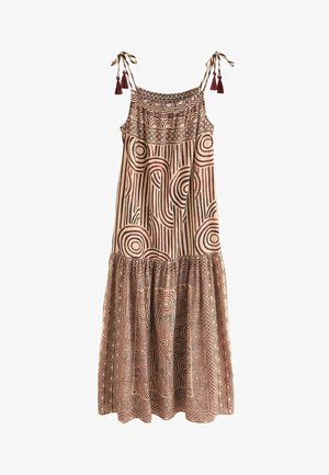 Maxi-Kleid in Braun und Pink, mit abstrakten Linienmustern, gerafftem Oberteil und verstellbaren Trägern mit Quasten. Ausgestellt geschnitten.