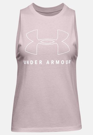 Ljusrosa ärmlös linne av mjukt tyg, med en stor vit Under Armour-logotyp över bröstet. Slät textur och rundad halsringning.