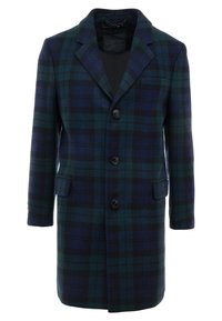 Cappotto in misto lana con motivo a quadri verde scuro e blu navy, caratterizzato da rever con intaglio, chiusura a quattro bottoni e tasche laterali.