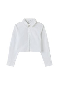 Camicia bianca accorciata con bottoni, maniche lunghe, colletto classico e una texture liscia, caratterizzata da una fila di bottoni sul davanti.