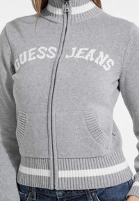 Sivý zipsový sveter s rebrovaným golierom a manžetami. Obsahuje biele pruhované akcenty a logo "GUESS JEANS" v kontrastnom pletení. Súčasťou sú predné vrecká.