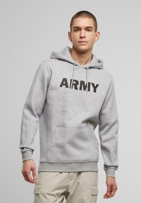 Felpa grigia in cotone con tasca frontale, presenta una scritta "ARMY" nera in evidenza, cappuccio regolabile con cordino e polsini e orlo a coste.