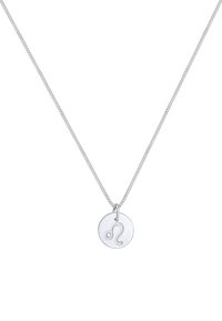 Silberne Anhängerkette mit einem runden Charm, der das Sternzeichen Leo zeigt, mit strukturiertem Oberflächendesign und einer feinen Kette.