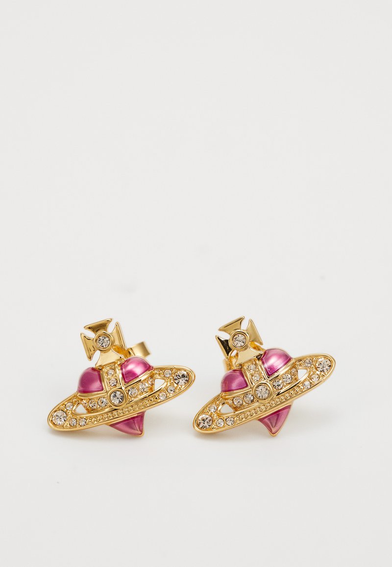 Gold-tone earrings shaped like a flying saucer, featuring pink accents and clear rhinestones. Smooth texture with metallic finishes.