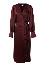 Burgundytön satin-wickelkleid mit langen Ärmeln, tailliertem Schnitt, Knopfdetails und Bindeschluss. Glatte Textur und mittellanges Design.