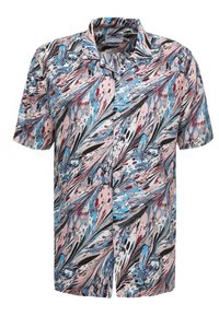 Koszula z krótkim rękawem zapinana na guziki, z wielokolorowym abstrakcyjnym wzorem w odcieniach różu, niebieskiego i czerni na lekkiej tkaninie.
