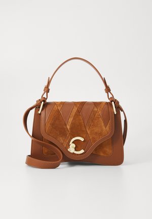 Brown leather and suede handbag with chevron pattern, gold hardware, and a detachable strap. Features a curved flap and logo detail.