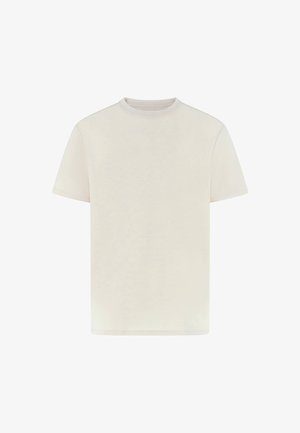 Tricou cu mâneci scurte, de culoare bej deschis, confecționat dintr-un material moale din bumbac. Decolteu rotund, fit obișnuit, design minimalist fără modele sau accente.