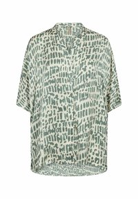 Chemise à manches courtes avec boutons, de couleur vert clair avec un motif texturé comprenant des taches et des rayures abstraites, fabriquée en tissu doux.