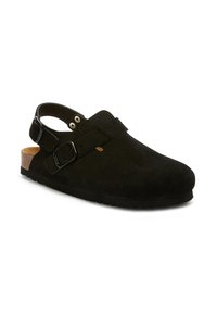 Zapatos de plataforma de ante negro con suela de corcho, abiertos por detrás, con correa ajustable sobre el empeine y correa de talón con hebillas.