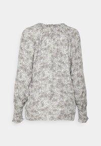 Camisola de manga longa com um padrão salpicado em cinza claro e roxo, com decote franzido e punhos elásticos para um ajuste descontraído.