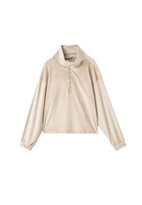 Beige, cropped pullover lavet af blødt, fløjlsagtigt materiale. Har høj krave, halv lynlås foran og lange, løse ærmer med manchetter.