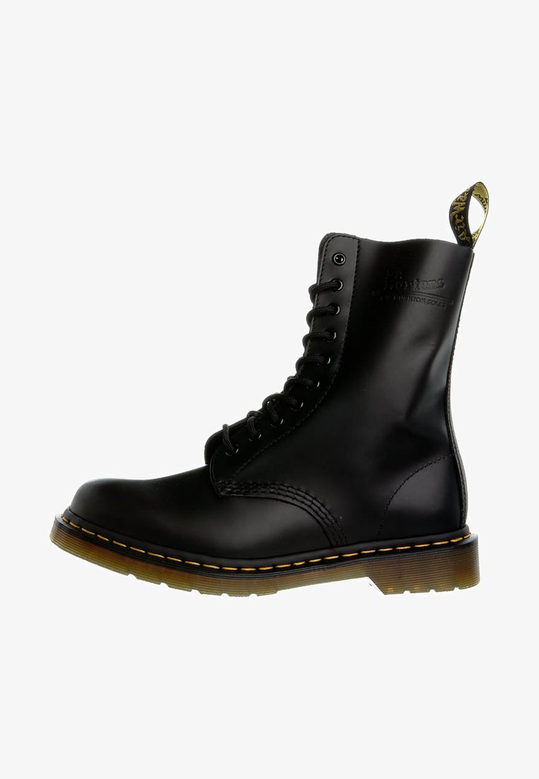 Black leather lace-up boot with a round toe, yellow stitching, textured surface, and a looped ankle pull tab. Glossy finish and durable sole.