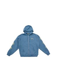 Felpa blu con zip realizzata in tessuto misto cotone. Presenta tasche a marsupio, cappuccio con cordino e motivi floreali lungo le maniche.