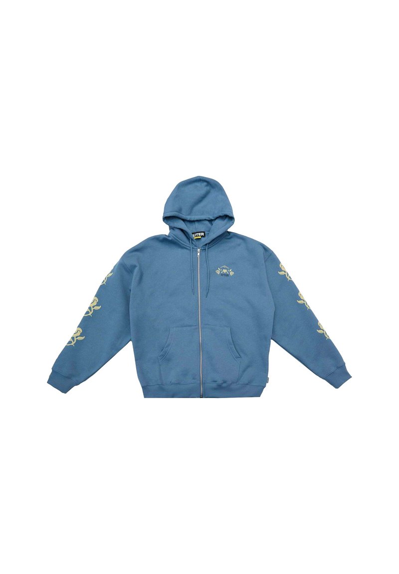 Felpa blu con zip realizzata in tessuto misto cotone. Presenta tasche a marsupio, cappuccio con cordino e motivi floreali lungo le maniche.