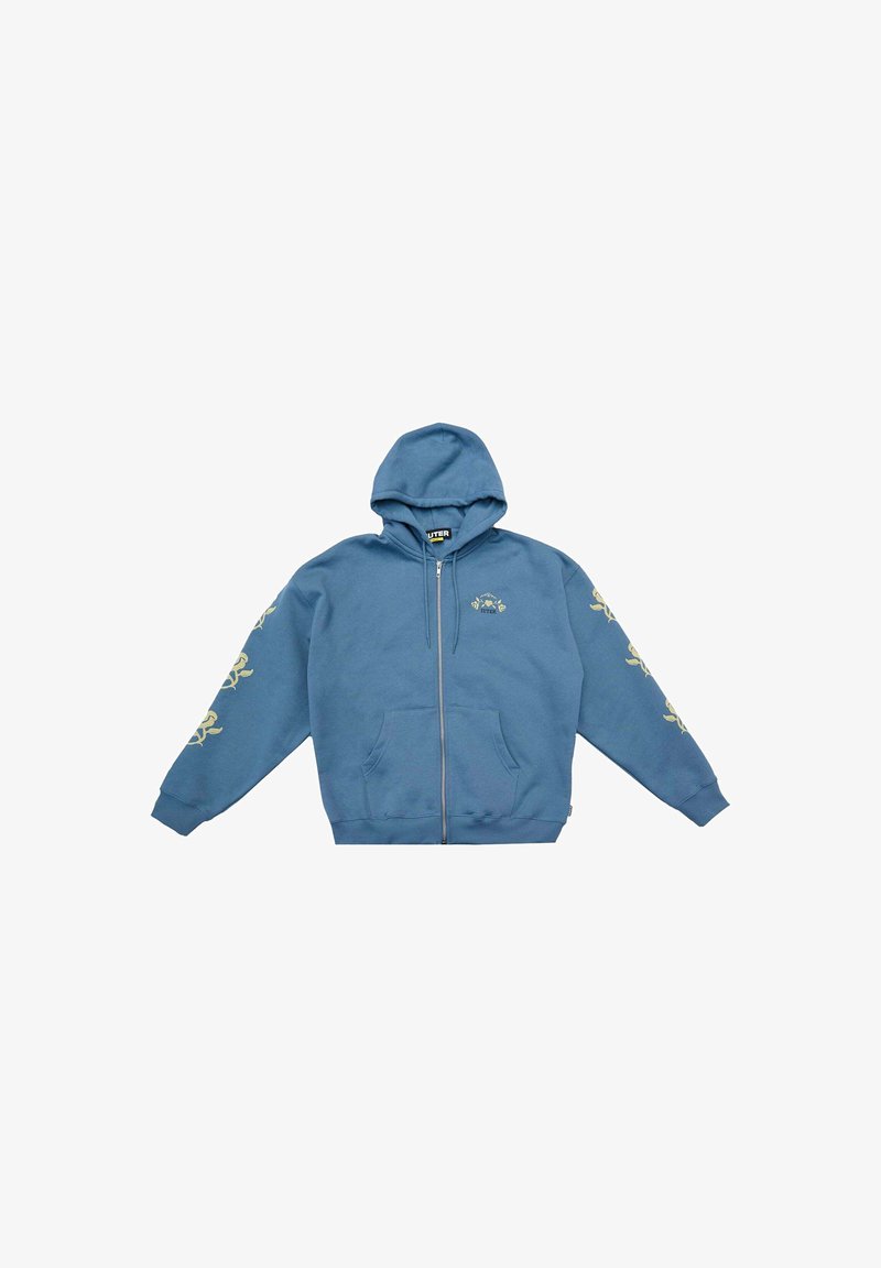 Felpa blu con zip realizzata in tessuto misto cotone. Presenta tasche a marsupio, cappuccio con cordino e motivi floreali lungo le maniche.