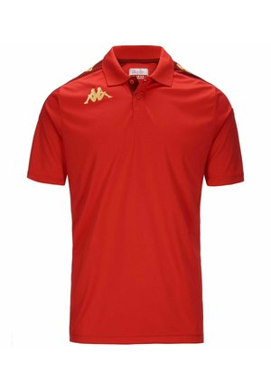 Polo shirt rosso con colletto, maniche corte e una superficie liscia. Presenta un logo dorato sul lato sinistro del petto e dettagli dorati sulle spalle.