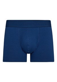 Mørkeblå bomuldsboxershorts med en blød, elastisk talje, der har et prægede logo. Glat tekstur og tætsiddende design for komfort.