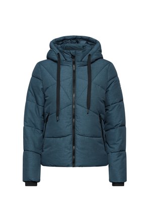 Veste matelassée teal avec capuche, possédant une fermeture éclair, des cordons noirs, un motif matelassé et des poignets noirs. Tissu doux et texturé.