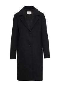 Black wool coat with a classic design, featuring a notched collar, button closure, and long sleeves. Smooth texture and knee-length.