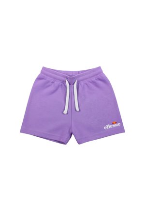 Shorts décontractés violets avec cordon blanc et logo ellesse en blanc et orange en bas à gauche.