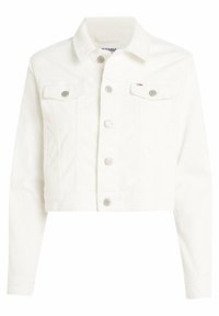 Chaqueta corta de pana blanca con mangas largas, botones plateados, dos bolsillos frontales y un pequeño logotipo en el bolsillo izquierdo.