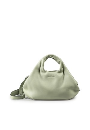 Zacht lichtgroene leren handtas met afgeronde handvatten en een afneembare schouderriem, weergegeven tegen een witte achtergrond.