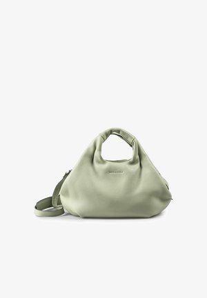 Soft light green leather handbag with rounded handles and a detachable shoulder strap, displayed against a white background.