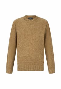 Maglione marrone chiaro, con texture, a girocollo e con polsini e orlo a costine. Presenta un piccolo logo sul fondo della cucitura.
