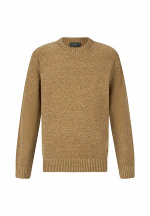 Maglione marrone chiaro, con texture, a girocollo e con polsini e orlo a costine. Presenta un piccolo logo sul fondo della cucitura.