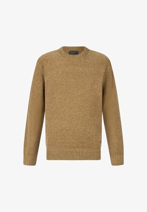 Light brown, textured sweater with a crew neck and ribbed cuffs and hem. Features a small logo detail at the lower seam.