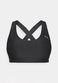 Svart sportsbh med kryssede stropper bak og en liten Puma-logo på venstre side, designet for trening.
